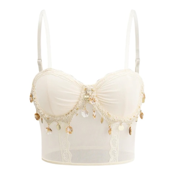 MICAS Mesh Bustier Rucched Lace
Trim Cami Top with accent faux shells/Medium NWT - Picture 1 of 10